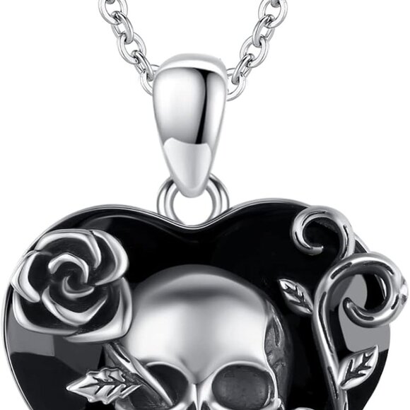 Skull Necklace 925 Sterling Silver Rose Skull Pendant with Austrian Black Heart
